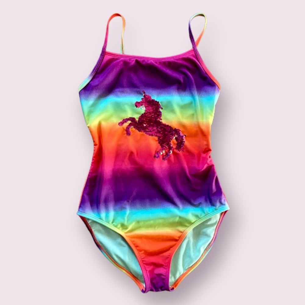 Cat & Jack Rainbow Ombré Flip Sequin Unicorn One-Piece Swimsuit